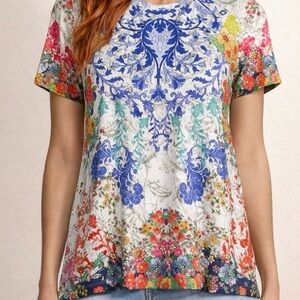 Johnny Was Shellinay Favorite Short Crew Swing Shirt Tee Blue Pink Top